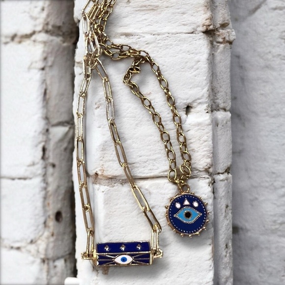 Gold toned and Blue Evil Eye Necklace Set Layer or wear alone - Picture 4 of 16